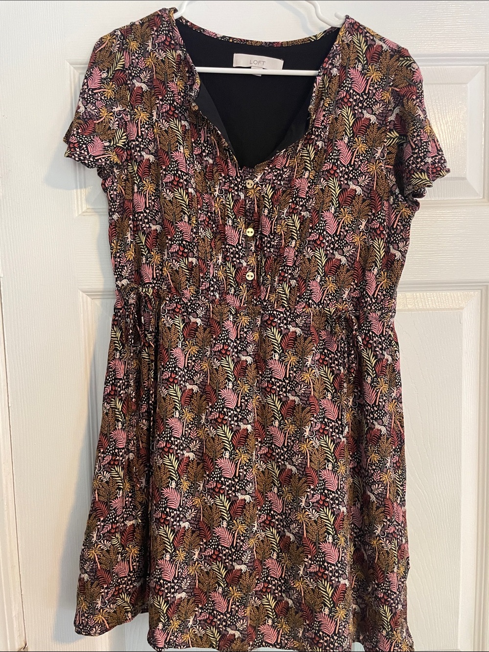 LOFT Pink, Brown & Black Floral Button-Front Short Sleeve Dress